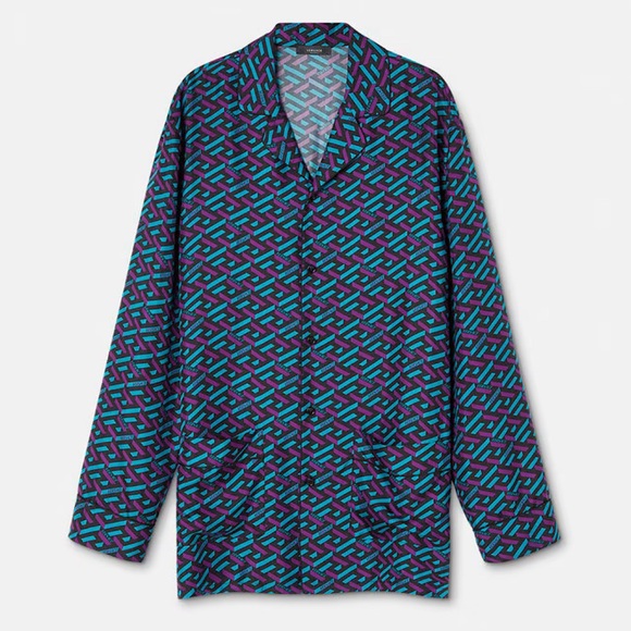 VERSACE La Greca Print Silk Button Up Top NWT - Picture 2 of 12